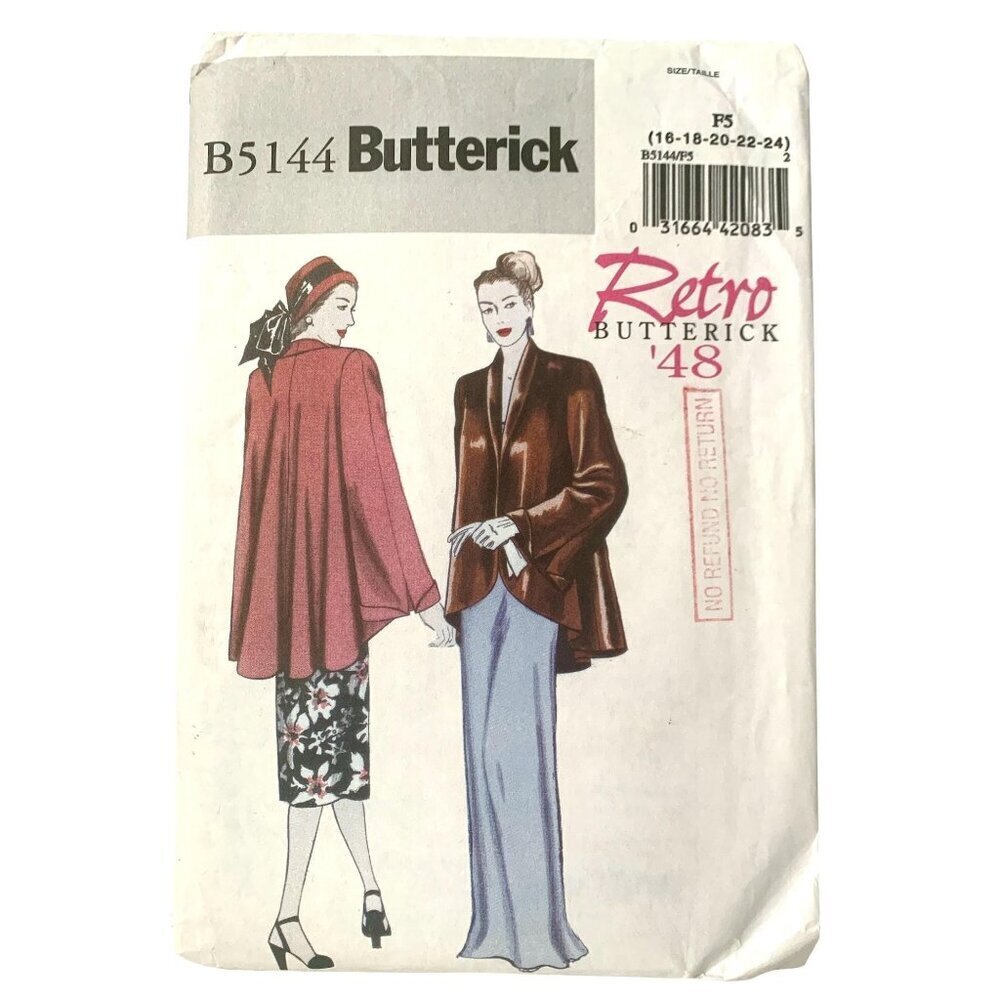 Butterick B5144 Sewing Pattern Misses' Retro '48 Loose Fitting Jacket 16 - 24